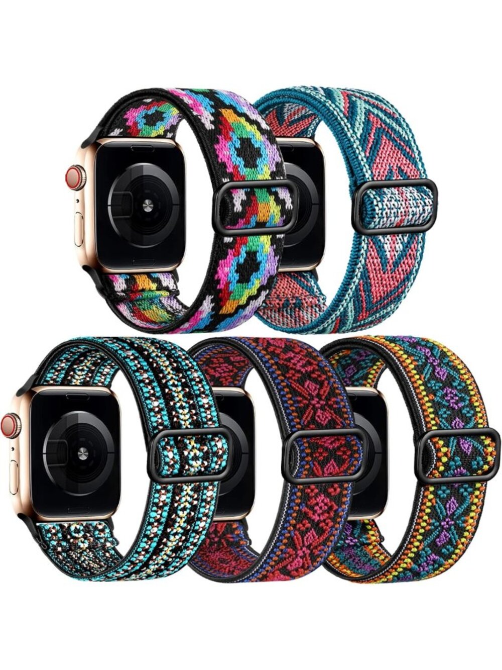 5 Pack Stretchy Elastic Bands for Apple Watch 38mm-46mm, Boho Nylon Wrist Straps